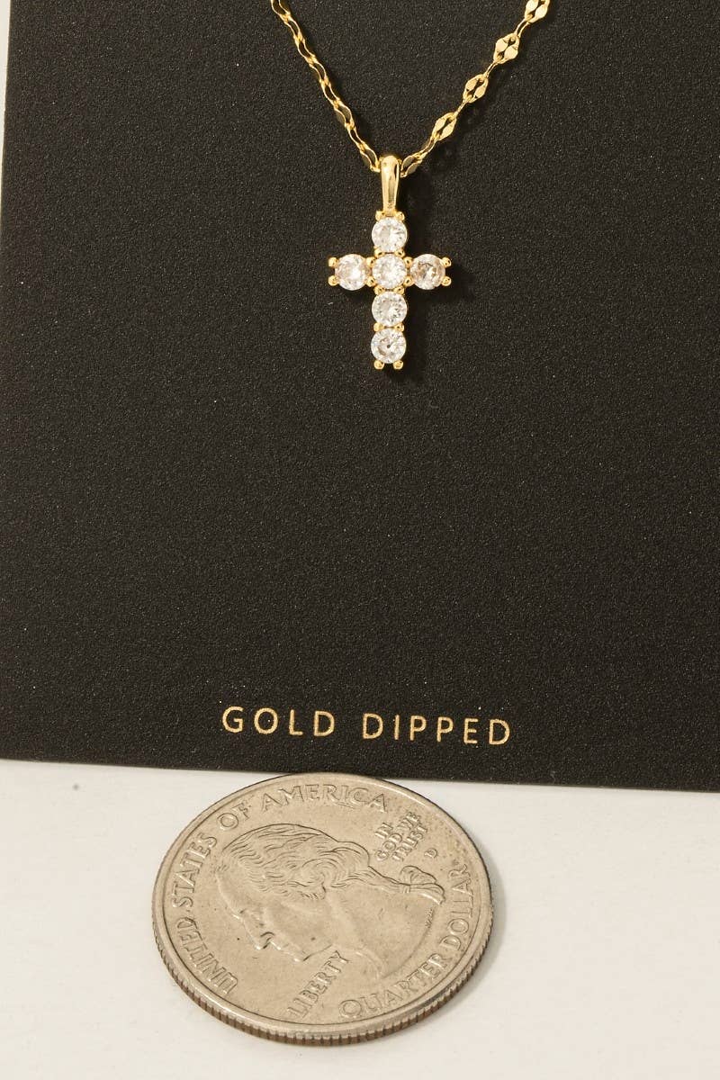 Gold Dipped Cz Circle Pave Cross Gem Pendant Necklace