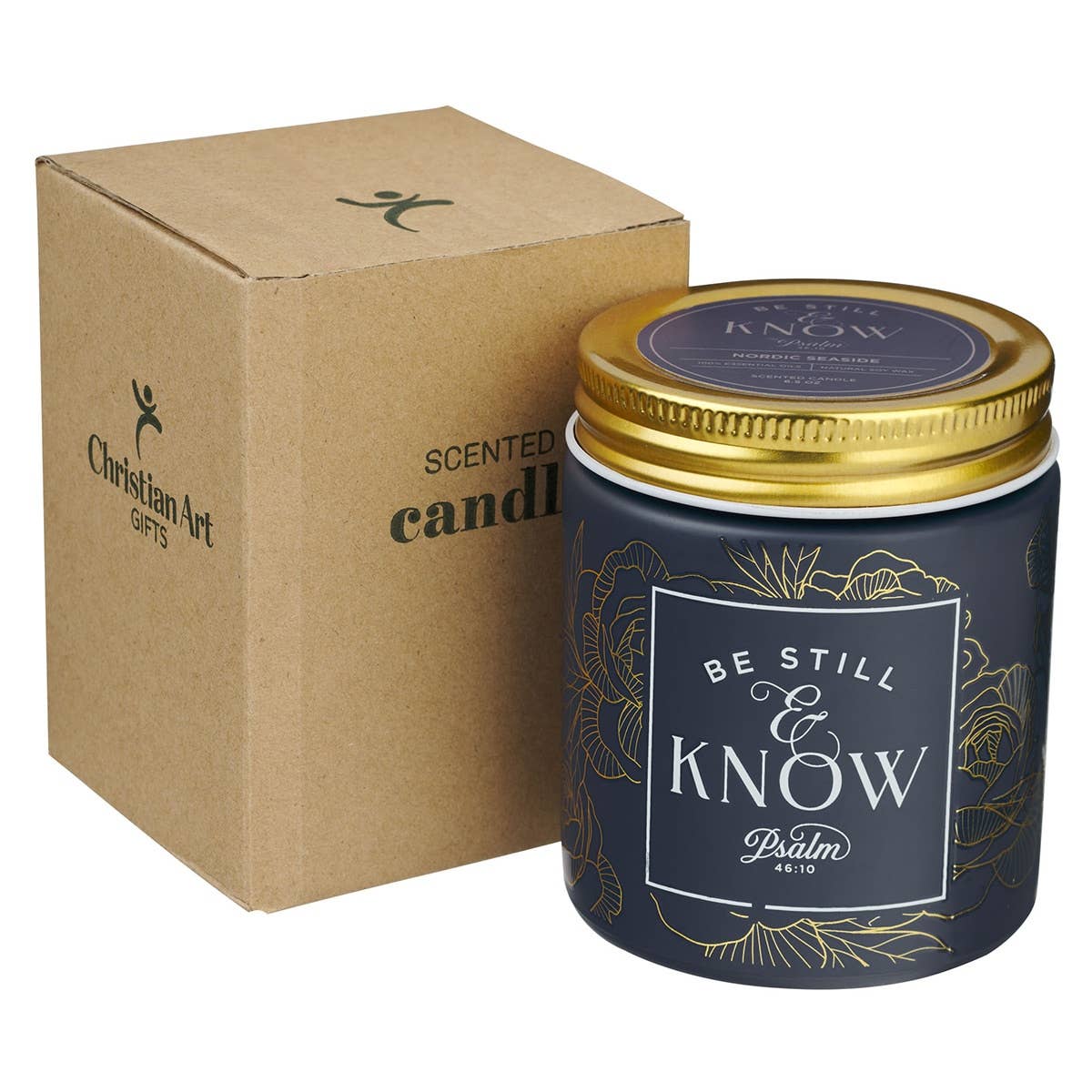 Glass Candle w/Screw Top Lid Navy Be Still Ps. 46:10