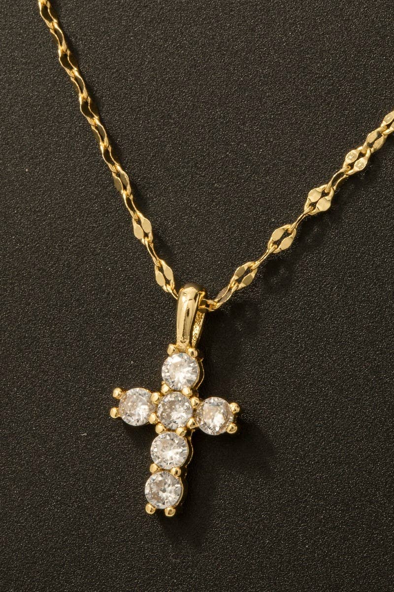 Gold Dipped Cz Circle Pave Cross Gem Pendant Necklace