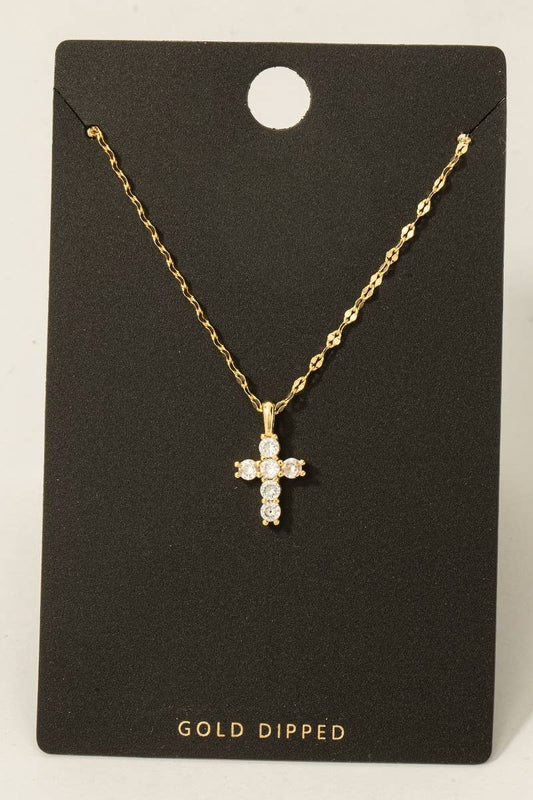 Gold Dipped Cz Circle Pave Cross Gem Pendant Necklace