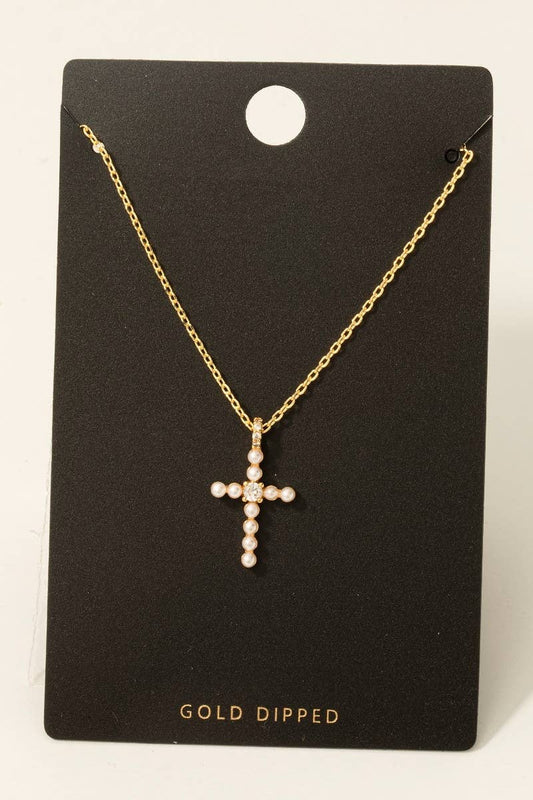Gold Dipped Cz And Pearl Studded Cross Pendant Necklace