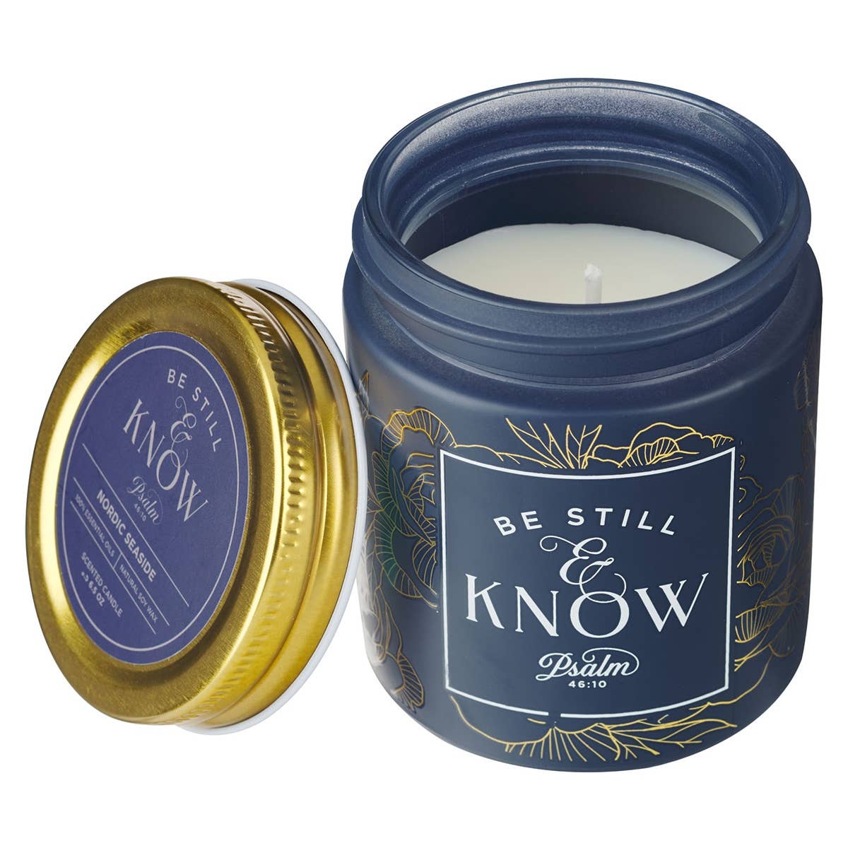 Glass Candle w/Screw Top Lid Navy Be Still Ps. 46:10