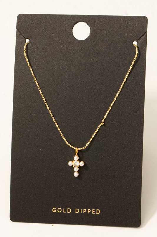 Gold Dipped Cz And Pearl Cross Pendant Necklace